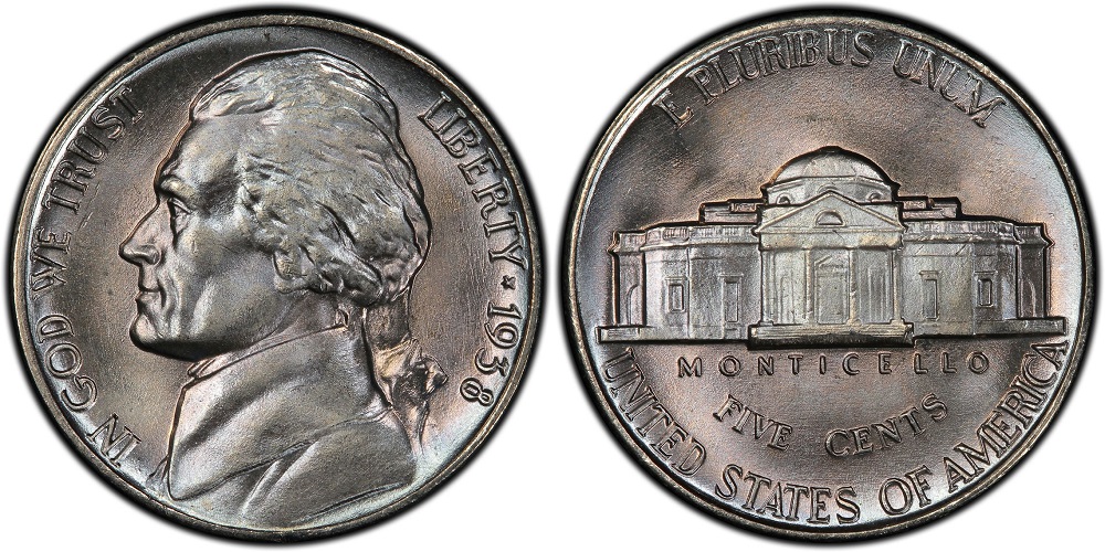 1938 Jefferson nickel obverse and reverse showing Felix Schlag portrait and Monticello design