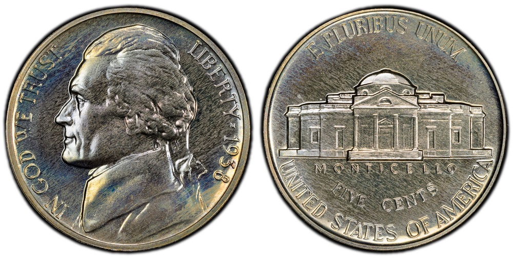 Grading strip showing four 1938 Jefferson nickels from worn condition through gem uncirculated with condition labels