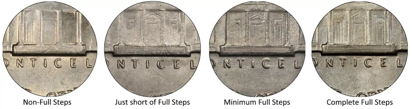 Side-by-side comparison of 1938 Jefferson nickel Monticello steps: left weak steps, right Full Steps designation