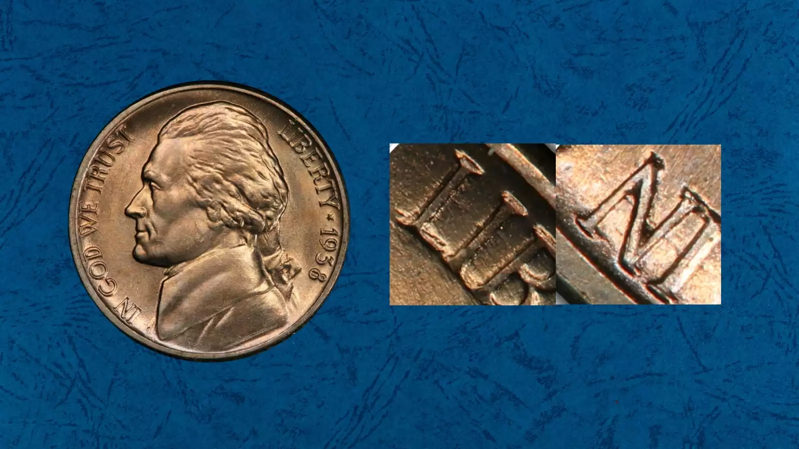 1938 Jefferson nickel obverse showing DDO FS-101 doubled die variety with visible doubling on LIBERTY inscription