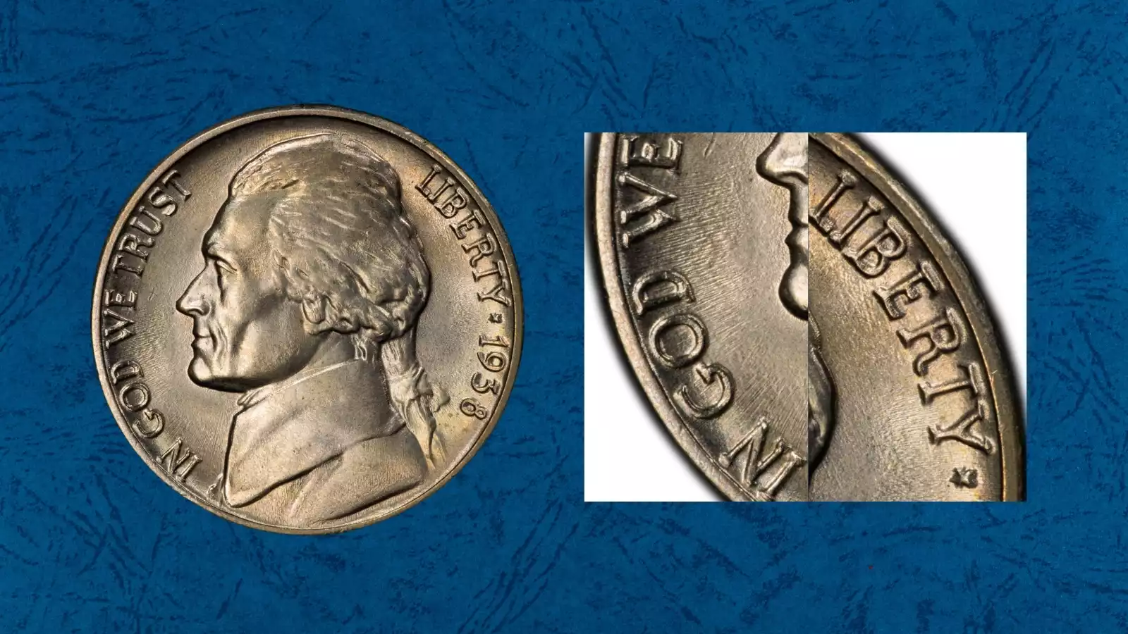 1938 Jefferson nickel obverse showing QDO FS-105 quadrupled die variety with layered hub impressions on LIBERTY