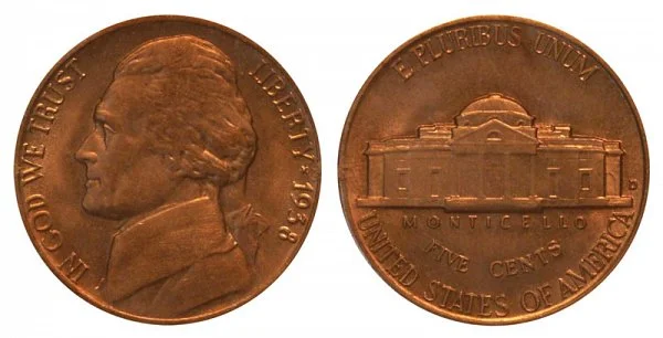1938-D Jefferson nickel reverse showing repunched mint mark variety with doubled D mint mark visible near Monticello