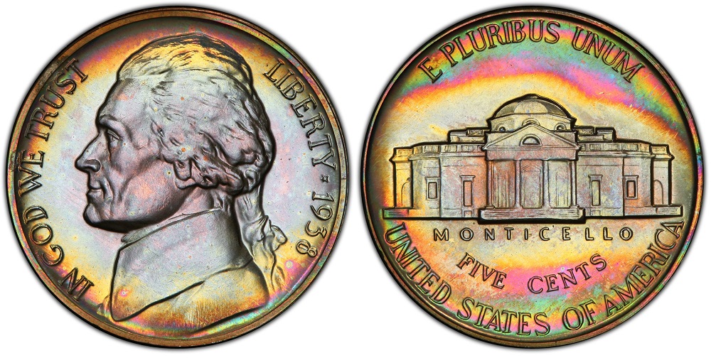 1938 Jefferson nickel proof cameo example showing frosted portrait devices against deeply mirrored mirror-like fields